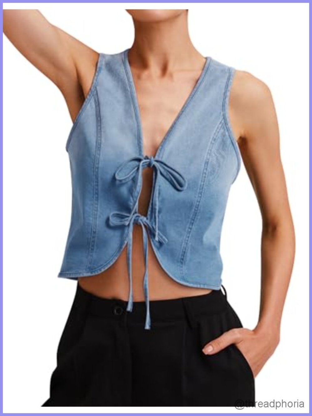 Cropped Denim Vest with Tie Front Deep V-Neck Sleeveless Summer Top